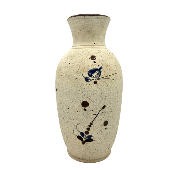 Mexican Tonala Pottery Vase Bird & Floral Design Beige Brown Blue - Picture 7 of 16